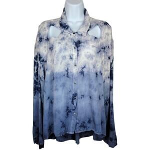 Mono B Tie Dye Ombre Blue Cut Out High Low Shirt - Size L